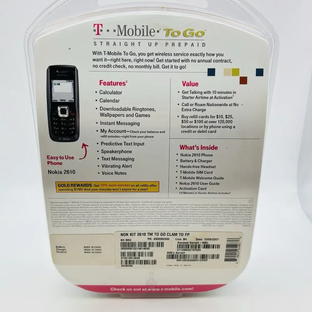 T-Mobile To Go Mobile Nokia 2610 Vintage Prepaid Phone / Brand New Sealed.